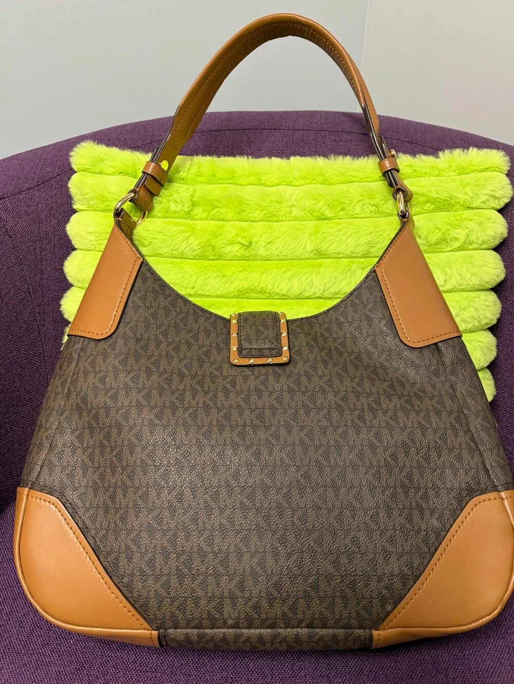 Michael Kors Brown & Tan Logo Buckle Shoulder Bag